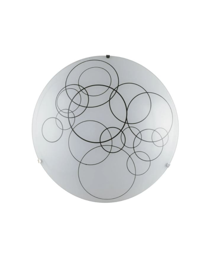Plafoniera KARMA – Vetro Rotondo Bianco Lucido con Cerchi Neri e Ganci Cromo | D.30 cm | 2×E27 (non incl.)