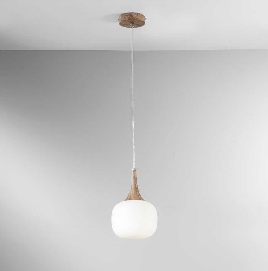 Sospensione boccia vetro bianco struttura effetto legno 1XE14 non incl. D.17cm JAIPUR-S17