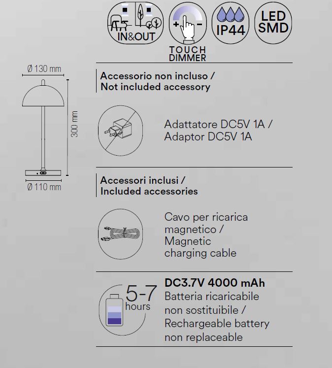 Lumetto LED PARTY ricaricabile da esterno in metallo con dimmer 3000K 350LUMEN