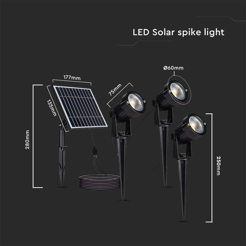 V-TAC 3 Lampy Ogrodowe LED 3X1.2W z Grotem i Panelem Słonecznym, Kolor Czarny 3000K IP65