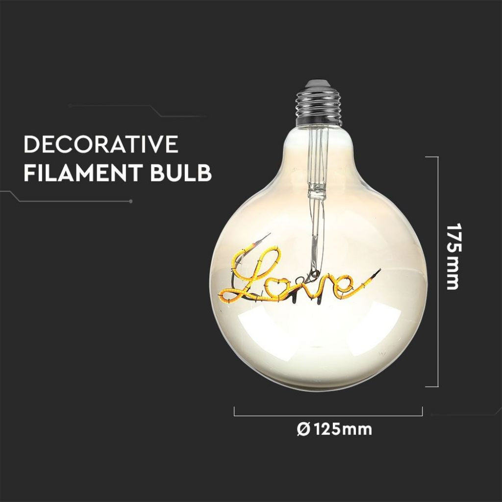 V-TAC Bec LED E27 5W G125 Filament Ambră Scris Love 2200K