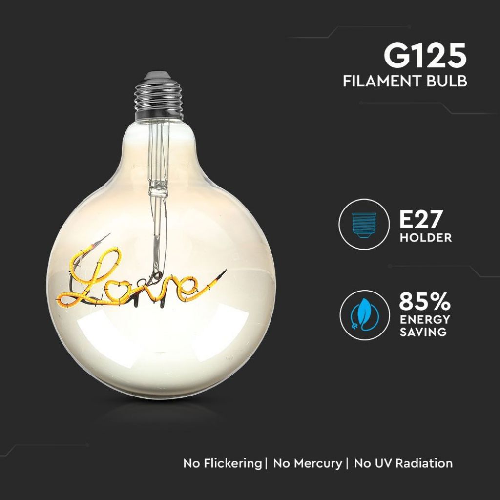 V-TAC Bec LED E27 5W G125 Filament Ambră Scris Love 2200K