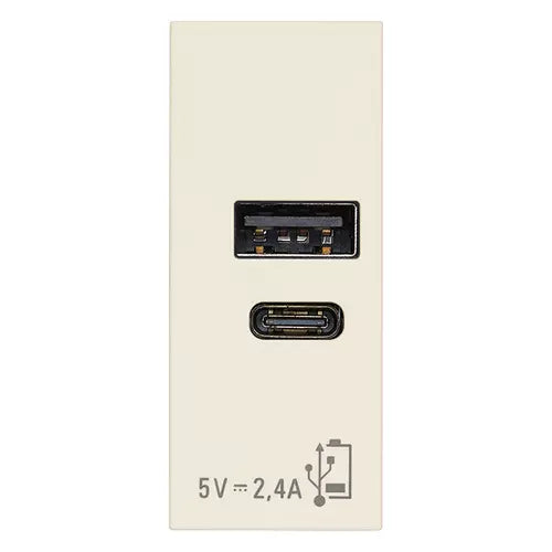 Alimentatore USB A+C 12W a Incasso | 1x USB-A + 1x USB-C | 2,4A 5V 120-240V | IP20 | Bianco Nero Canapa | Vimar Linea 30292.AC