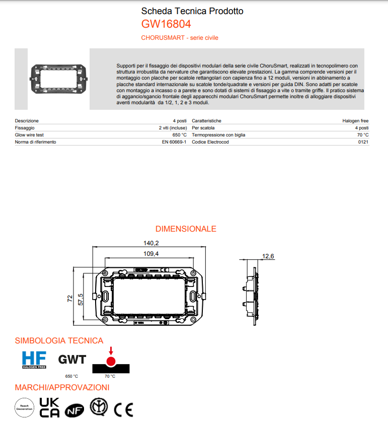 Suport standard 4/6 module Gewiss Chorusmart, cu șuruburi incluse 16804-16806