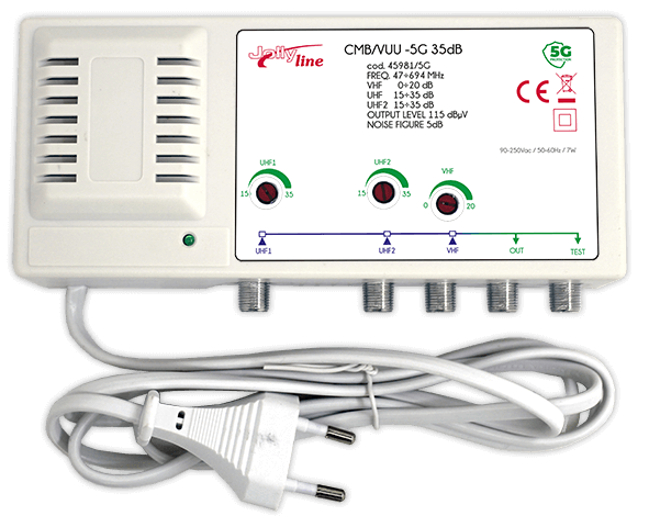 Centrală de perete cu 3 intrări separate reglabile - VHF, UHF și UHF - conector F - 115dBµV - 35 dB - cu filtru 5G certificat JOL45981