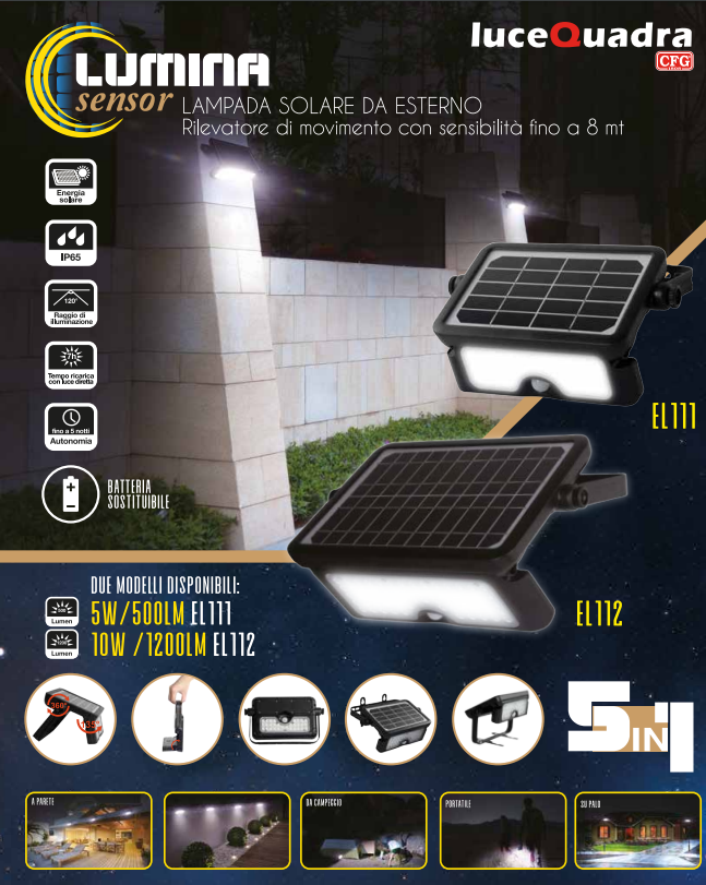 LUMINA SENSOR 1200 - LAMPADA SOLARE DA ESTERNO 10W 1200LM 4000°K EL111