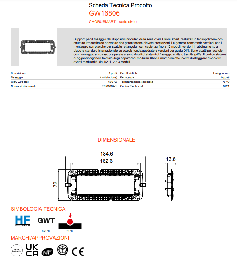 Suport standard 4/6 module Gewiss Chorusmart, cu șuruburi incluse 16804-16806