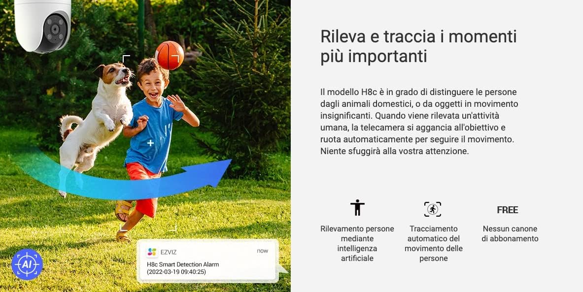 Telecamera Sorveglianza 1080P Pan & Tilt AI | Wi-Fi Visione Notturna 30m Audio Bidirezionale | EZVIZ H8c