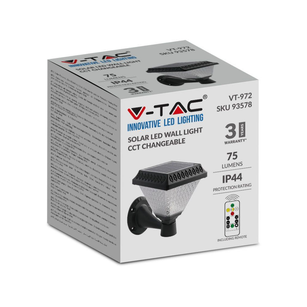 V-TAC Solarna Lampa Ścienna LED 0,8W w Kształcie Piramidy z Pilotem, Kolor Czarny, 3w1, IP44