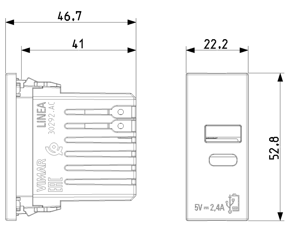 Alimentatore USB A+C 12W a Incasso | 1x USB-A + 1x USB-C | 2,4A 5V 120-240V | IP20 | Bianco Nero Canapa | Vimar Linea 30292.AC