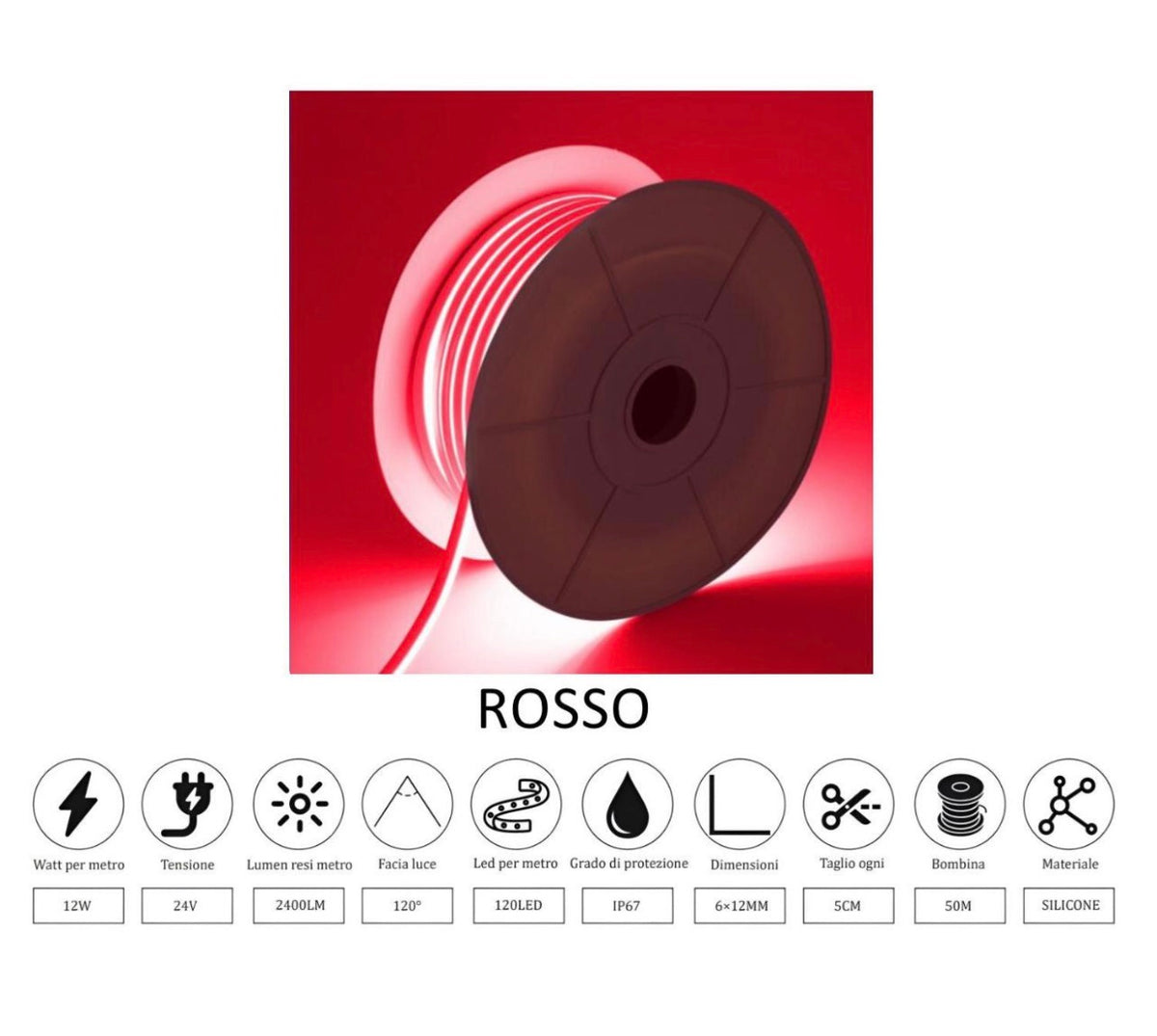 Neon Flex LED 12W/m Bobina 100MT IP67 Rosso Sezionabile ogni 5cm | NEON FLEX