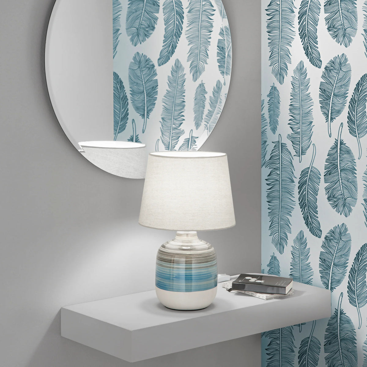 Lampa ceramiczna w odcieniach szarości i błękitu z białym kloszem z tkaniny 1xE27 brak w zestawie APACHE
