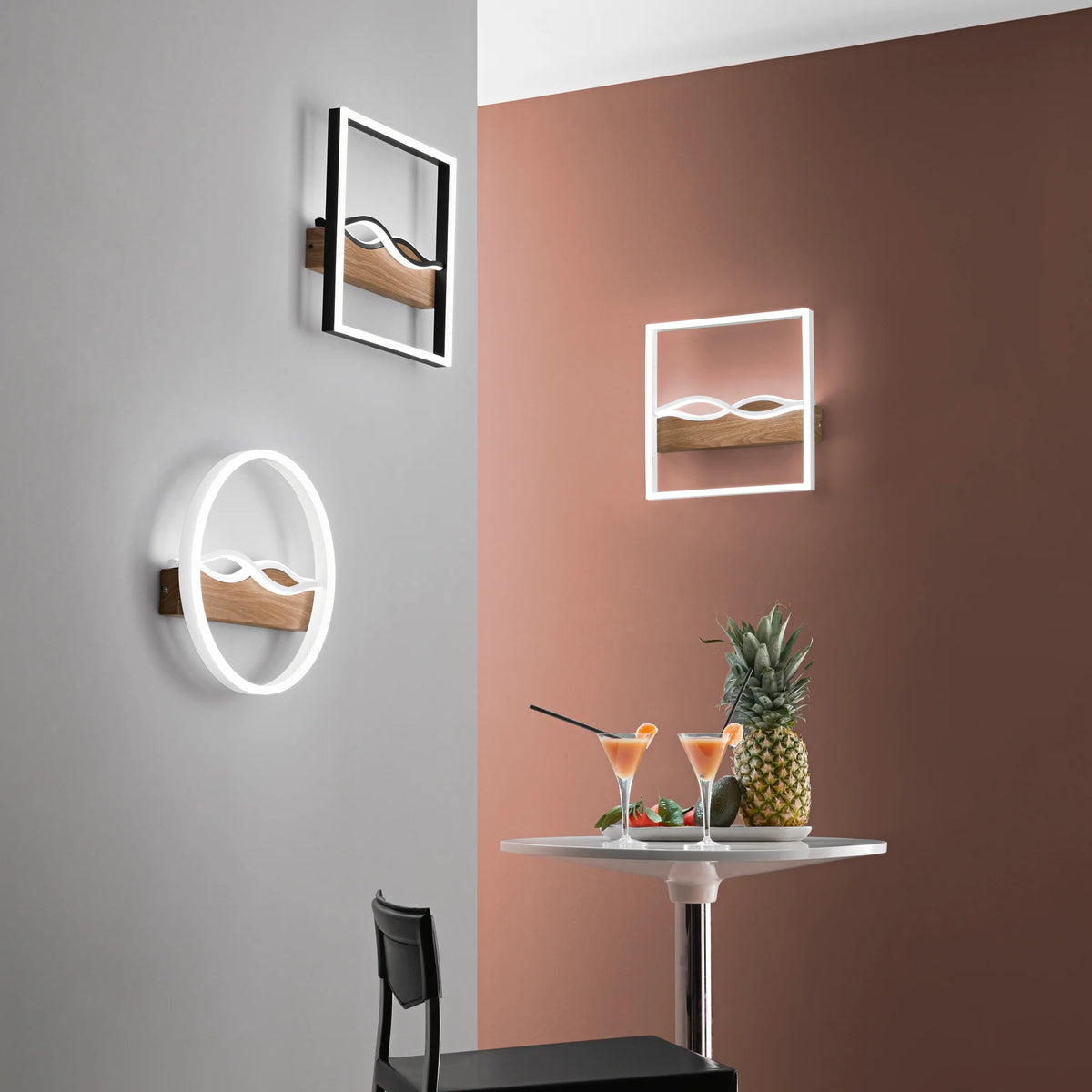 Lampa sufitowa LED metalowa z podstawą imitującą drewno, dostępna w dwóch kształtach linii falistych, wariantach czarno-białych CCT HAWAII