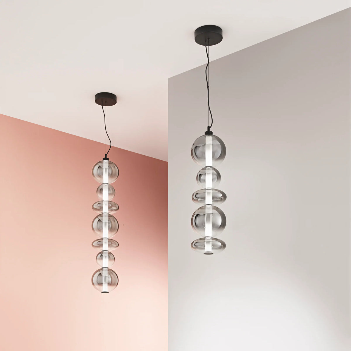 Lampa wisząca LED metalowa i ze szkła dmuchanego dymionego, pionowa i pozioma, 40W 4000LM 3000°k KEMET