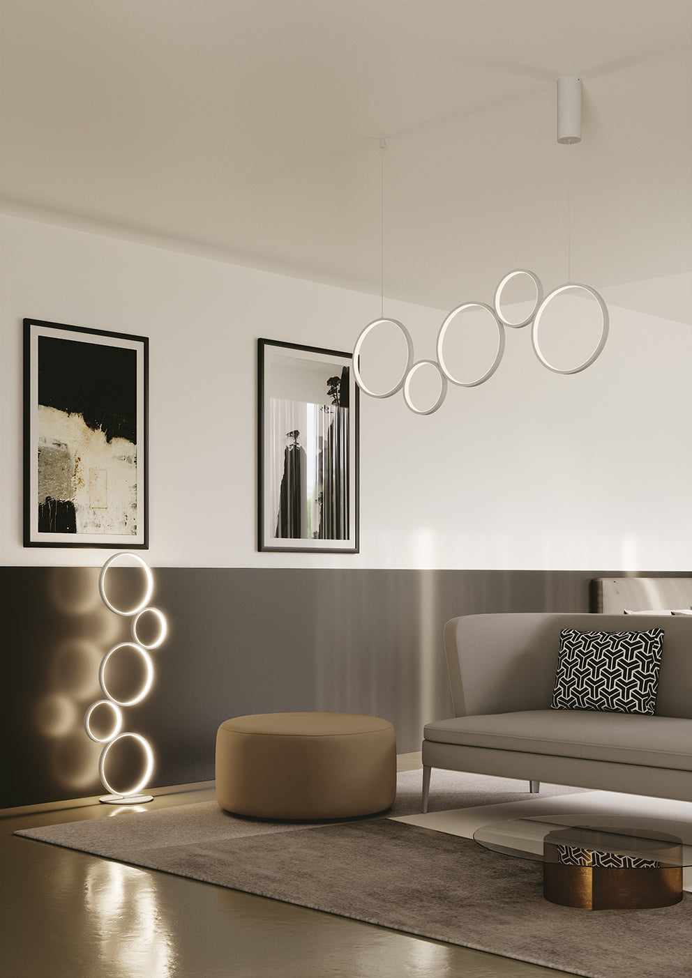 Lampadario Sospensione LED 5 Cerchi Asimmetrici 60W 8000lm CCT | Alluminio Bianco Silicone | Fredy S5