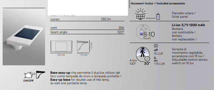Applique LED Solare da Esterno 3W 130lm IP54 con Sensore Movimento 4000K | Plastica Bianca Pannello Solare Batteria | Fan Europe SKYP