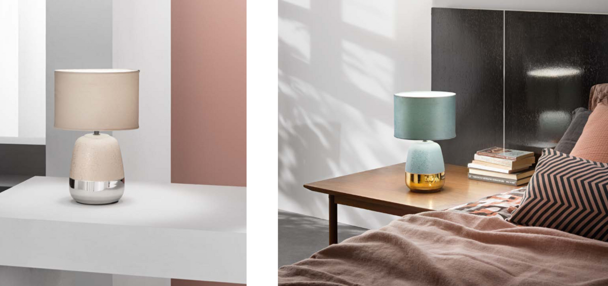 Lampa ceramiczna owalna, wypukła, z abażurem okrągłym z efektem aksamitu w kolorze pudrowego różu i zieleni pawiej, 1xE27 brak w zestawie. SIOUX