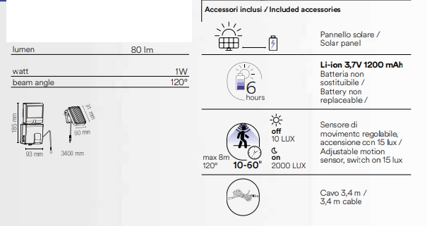 Proiettore LED Solare 5W 80lm IP44 Orientabile con Sensore Movimento 6500K | Policarbonato Nero Pannello Solare Cavo 3.4m | Fan Europe COSMO