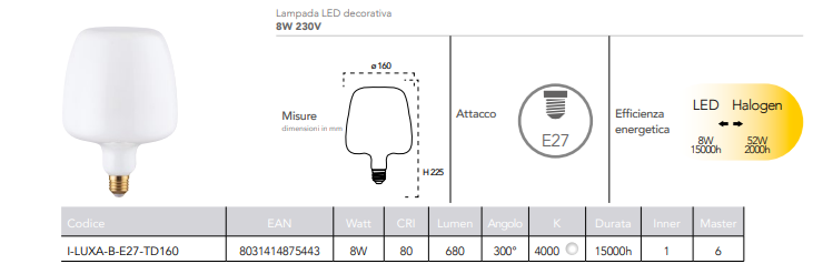 Lampă LED decorativă, dulie E27, sticlă opală, 8W, 680 lumeni, lumină naturală 4000°K, echivalent 52W, 230V
