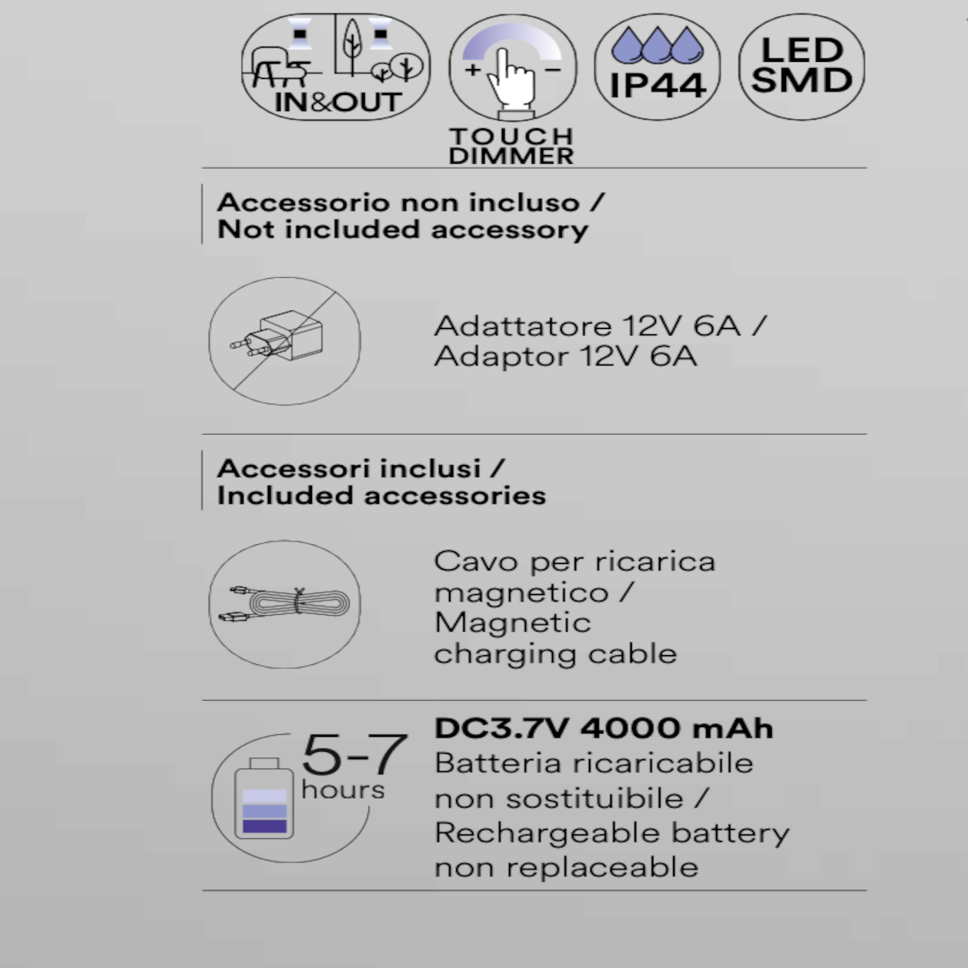 Lampada LED da esterno LIBERTY ricaricabile in metallo con dimmer