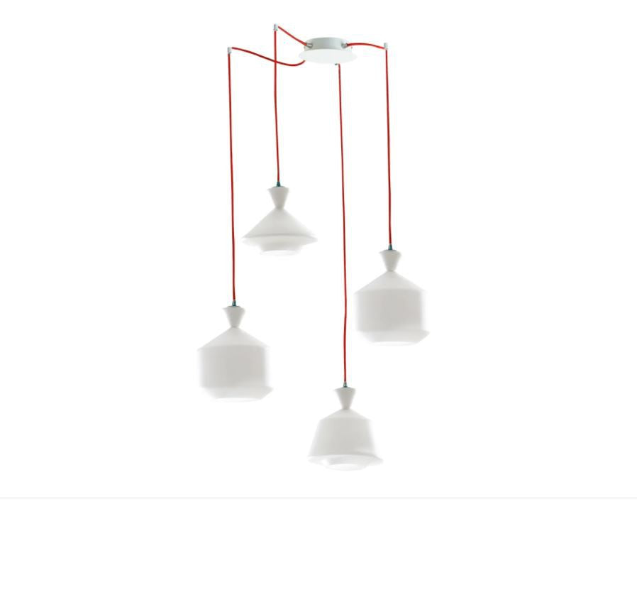 Sospensione 4XE27 non incl. forme eccentriche diffusore vetro opale e cavo in tessuto rosso o nero SUGAR-S4