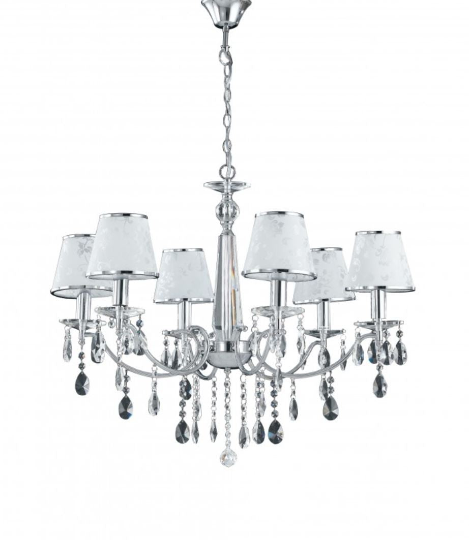 Sospensione 6 luci struttura metallo cromo cristalli K9 paralumi polivinilico glitter floreale 6XE14 non incl. BOEME