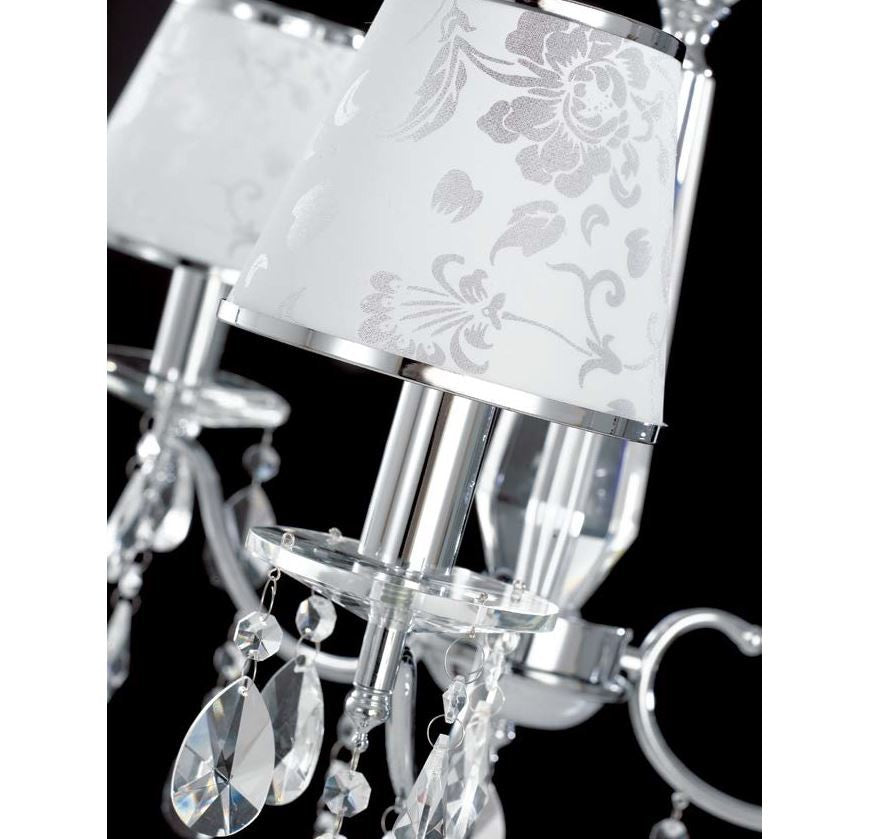 Sospensione 6 luci struttura metallo cromo cristalli K9 paralumi polivinilico glitter floreale 6XE14 non incl. BOEME