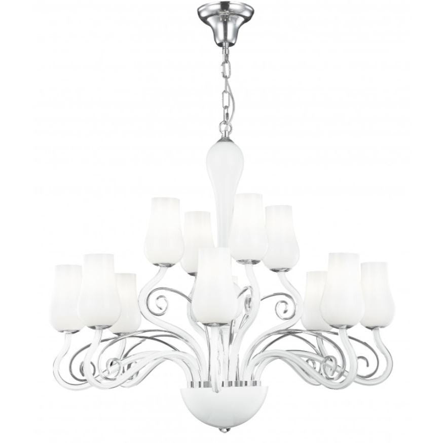 Sospensione 12 luci vetro soffiato bianco pastorali trasparenti rifiniture cromo 12XE14 non incl. ANGEL