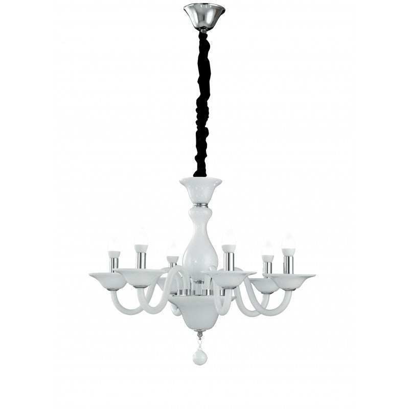 Sospensione 6 luci vetro soffiato bianco dettagli cromati 6XE14 non incl. SOFFIO