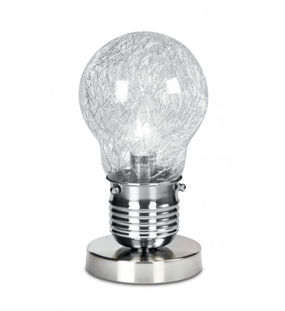 Klosz szklany w kształcie żarówki, wewnątrz druty aluminiowe, 1x E14, brak w zestawie, śr. 15 cm. ŻARÓWKA