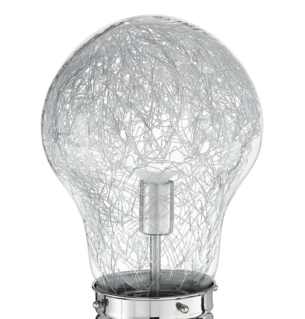 Klosz szklany w kształcie żarówki, wewnątrz druty aluminiowe, 1x E14, brak w zestawie, śr. 15 cm. ŻARÓWKA