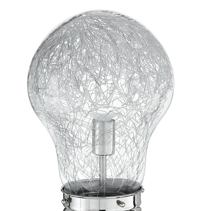 Klosz szklany w kształcie żarówki, wewnątrz druty aluminiowe, 1x E14, brak w zestawie, śr. 15 cm. ŻARÓWKA