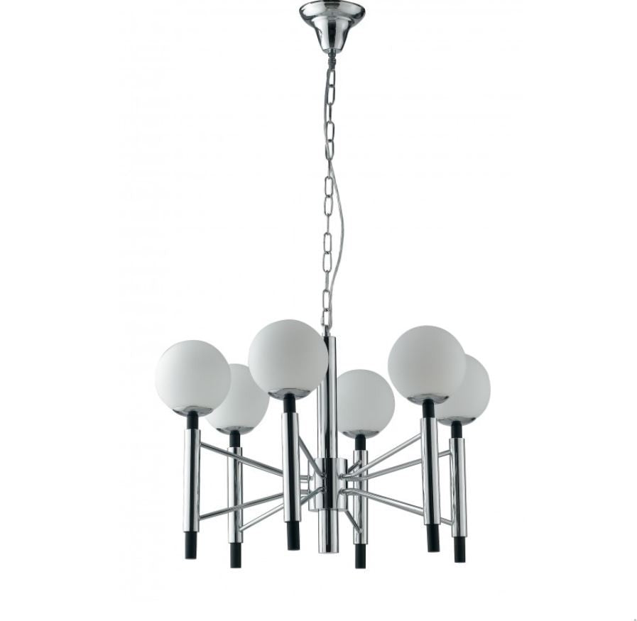 Lampadario Sospensione HAMMOND 6 Luci Metallo Cromo-Nero Sfere Vetro Opale 6xE14 – Fan Europe