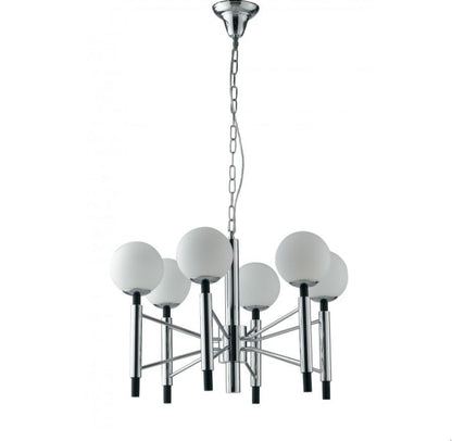 Lampadario Sospensione HAMMOND 6 Luci Metallo Cromo-Nero Sfere Vetro Opale 6xE14 – Fan Europe