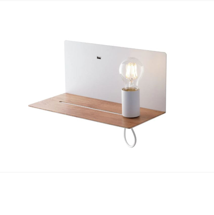 Applique in metallo bianco o nero con mensola in legno naturale lampada movibile E27 non incl. + presa USB 2A FLASH