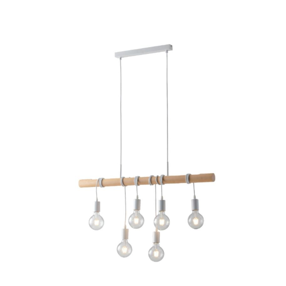 Sospensione 6 luci struttura legno naturale montatura metallo bianco 6XE27 non incl. ARIZONA