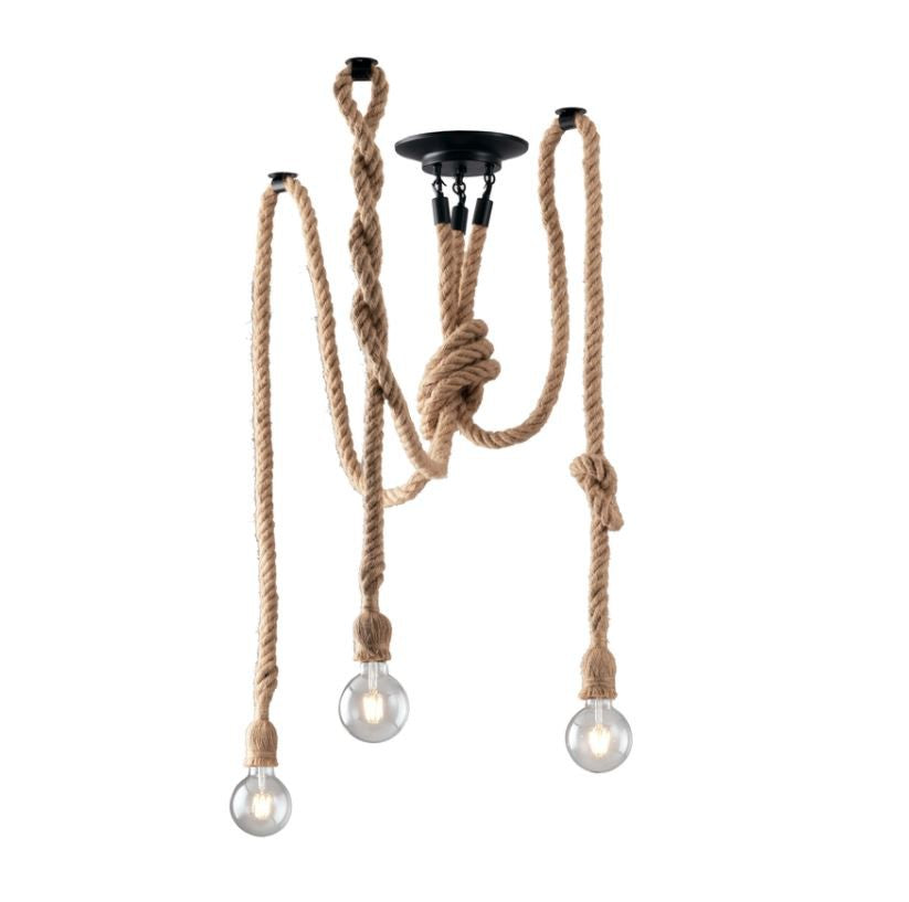 Plafoniera 3 luci metallo nero cavi corda canapa naturale 3XE27 non incl. ROPE