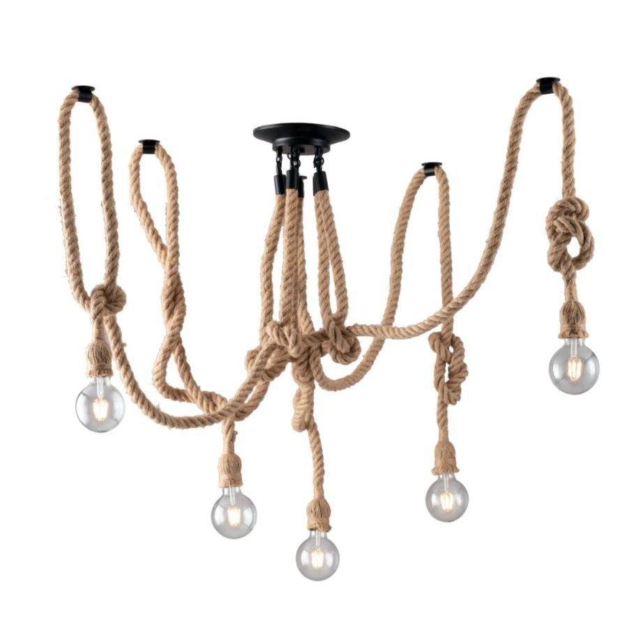 Plafoniera 5 luci metallo nero cavi corda canapa naturale 5XE27 non incl. ROPE