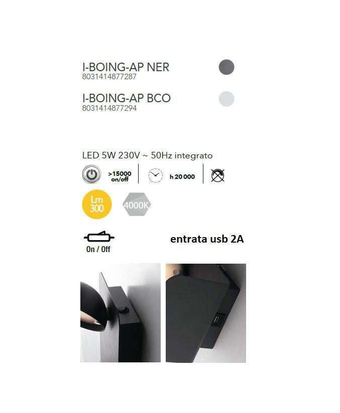 Applique LED in metallo bianco o nero orientabile + presa USB 2A 5W 500lm 4000°k BOING