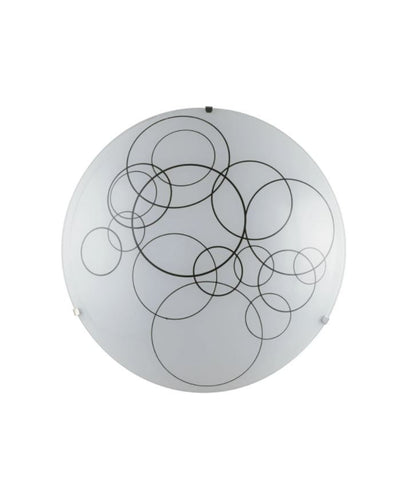 Plafoniera KARMA – Vetro Rotondo Bianco Lucido con Cerchi Neri e Ganci Cromo | D.30 cm | 2×E27 (non incl.)