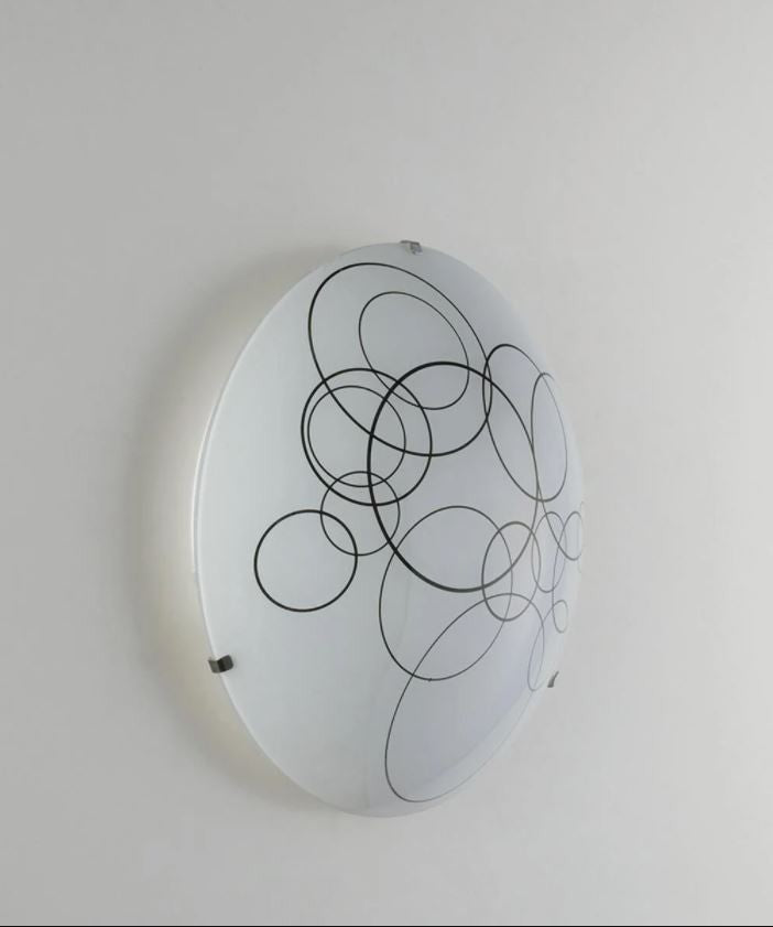 Plafoniera KARMA – Vetro Rotondo Bianco Lucido con Cerchi Neri e Ganci Cromo | D.30 cm | 2×E27 (non incl.)