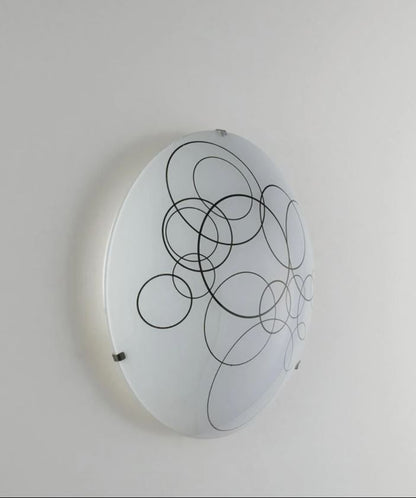 Plafoniera KARMA – Vetro Rotondo Bianco Lucido con Cerchi Neri e Ganci Cromo | D.30 cm | 2×E27 (non incl.)