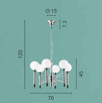 Lampadario Sospensione HAMMOND 6 Luci Metallo Cromo-Nero Sfere Vetro Opale 6xE14 – Fan Europe
