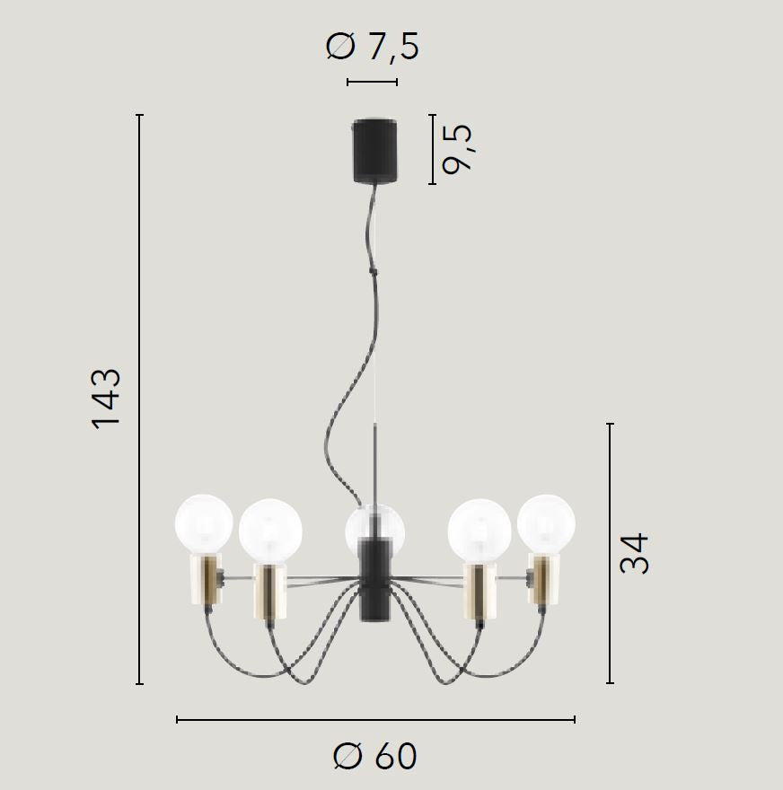 Sospensione 5 luci in metallo nero-oro cavo tessuto nero 5XE27 non incl. AXON