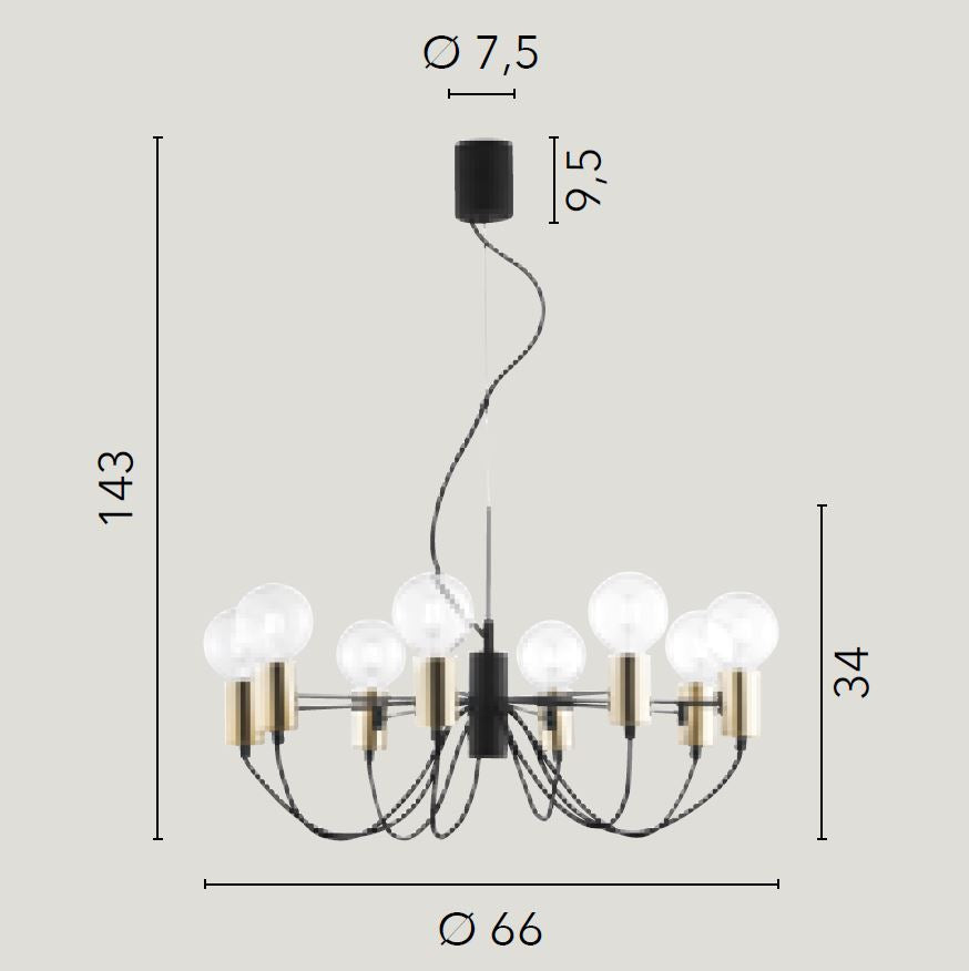 Sospensione 8 luci in metallo nero-oro cavo tessuto nero 8XE27 non incl. AXON