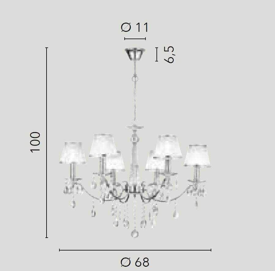 Sospensione 6 luci struttura metallo cromo cristalli K9 paralumi polivinilico glitter floreale 6XE14 non incl. BOEME