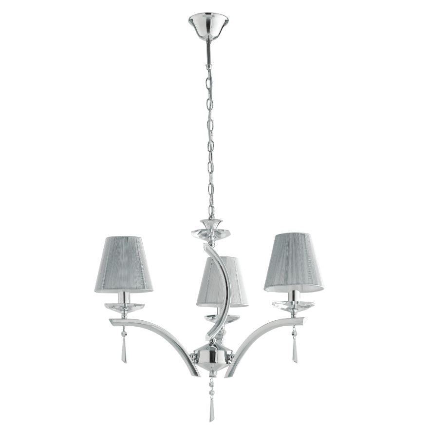 Sospensione 3 luci in metallo cromato cristalli K9 paralumi tessuto silver 3XE14 non incl. ORCHESTRA