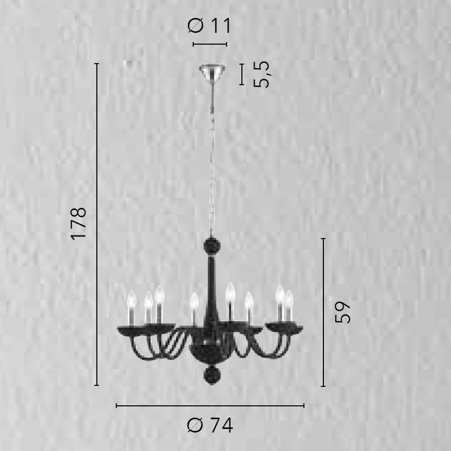Sospensione 8 luci in vetro soffiato nero o bianco struttura cromo 8XE14 non incl. ALFIERE
