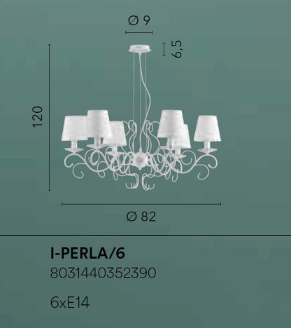 Sospensione 6 luci metallo bianco cristalli K9 paralumi lavorati bianchi 6XE14 non incl. PERLA