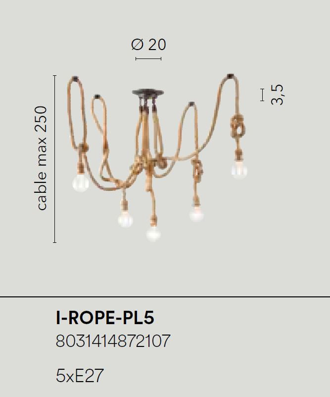 Plafoniera 5 luci metallo nero cavi corda canapa naturale 5XE27 non incl. ROPE